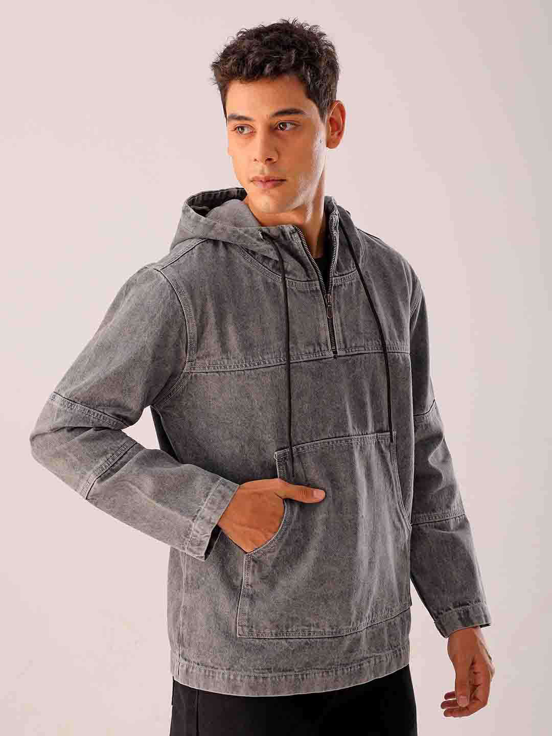 Men's Grey Relaxed Fit Solid Hooded Denim Jacket