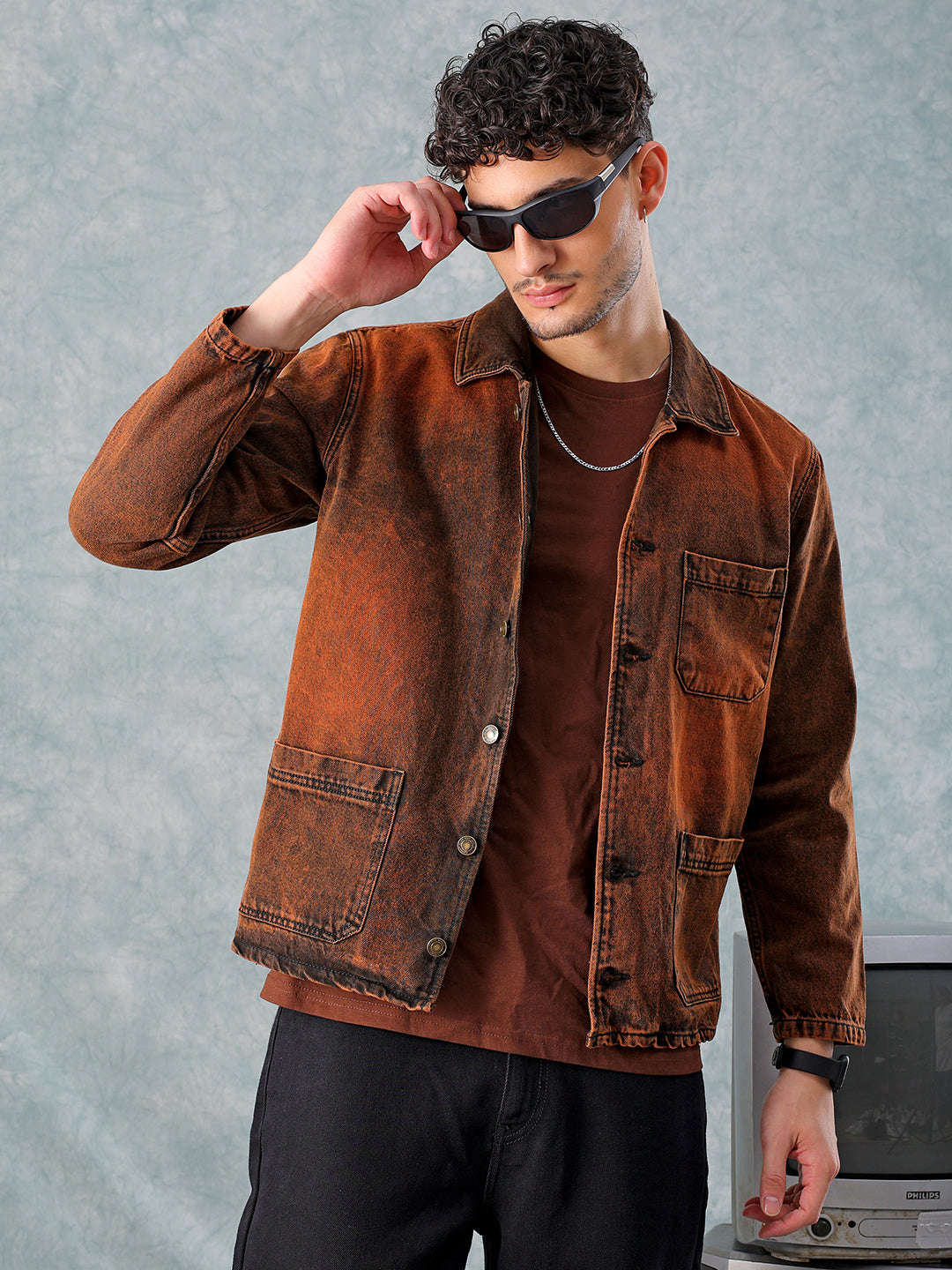 Men's Rust Relaxed Fit Solid Utility Trucker Jacket