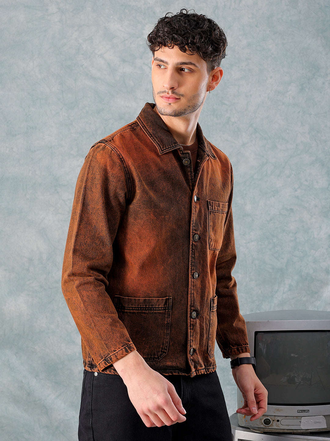 Men's Rust Relaxed Fit Solid Utility Trucker Jacket