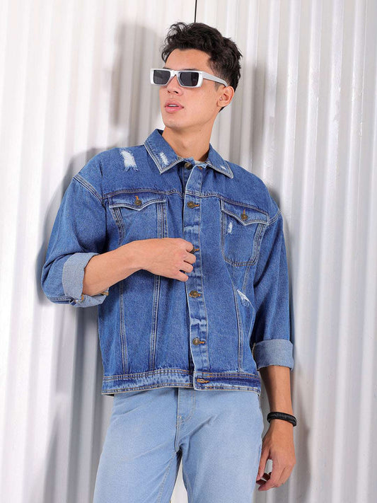 Men's Solid Relaxed Fit Denim Trucker Jacket