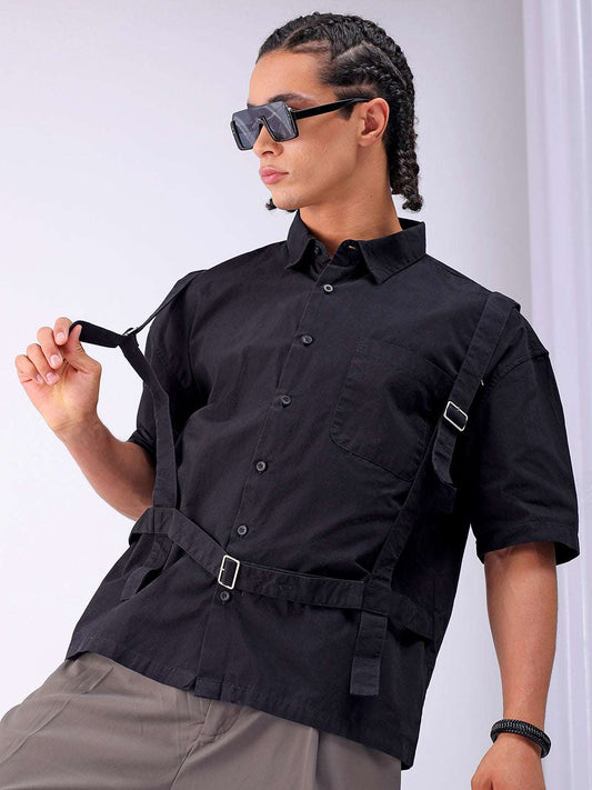 Men's Black Boxy Fit Solid Streetwear Utility Shirt