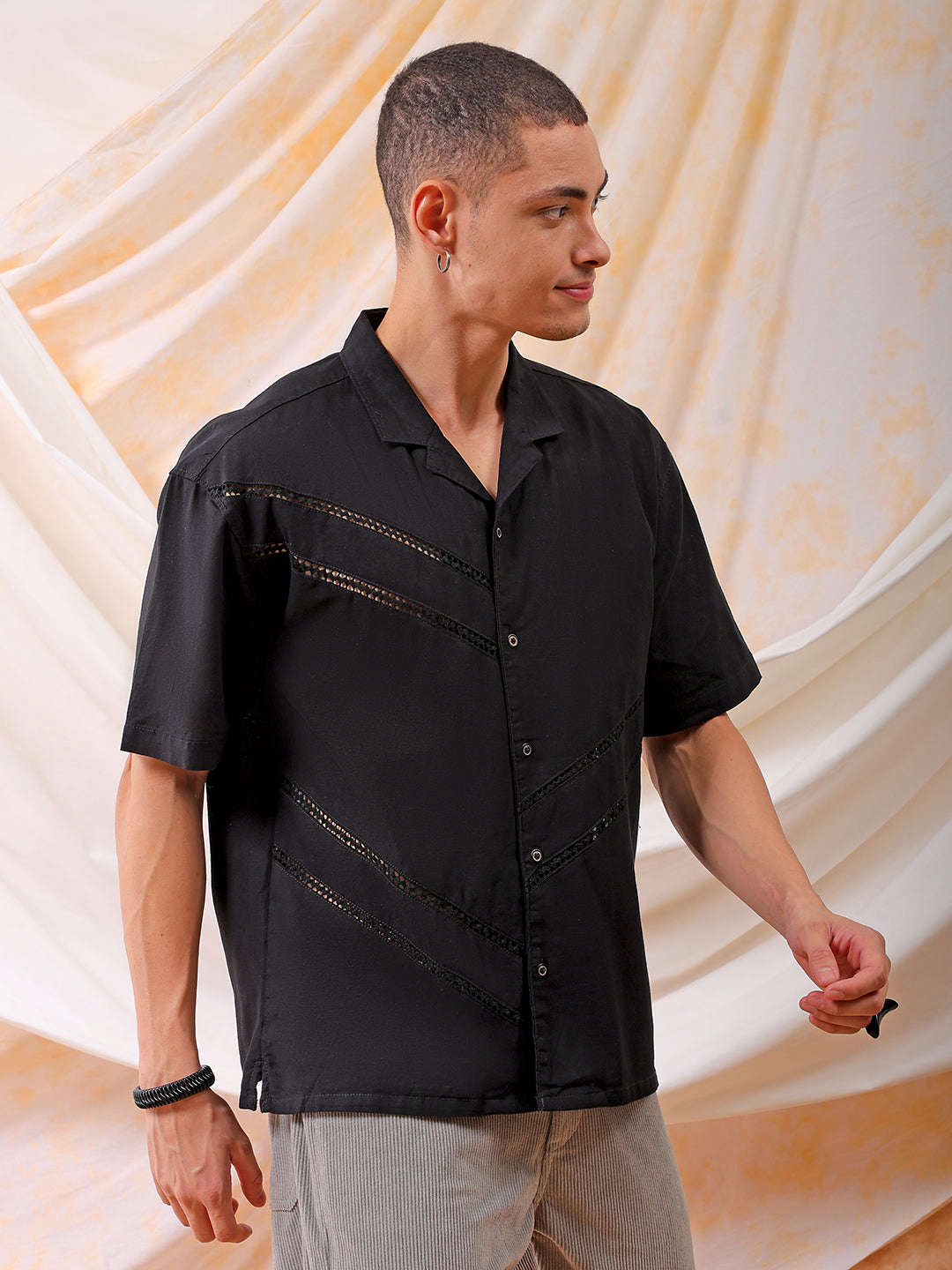 Mens Solid Embroidered Relaxed Fit Resort Wear Shirt