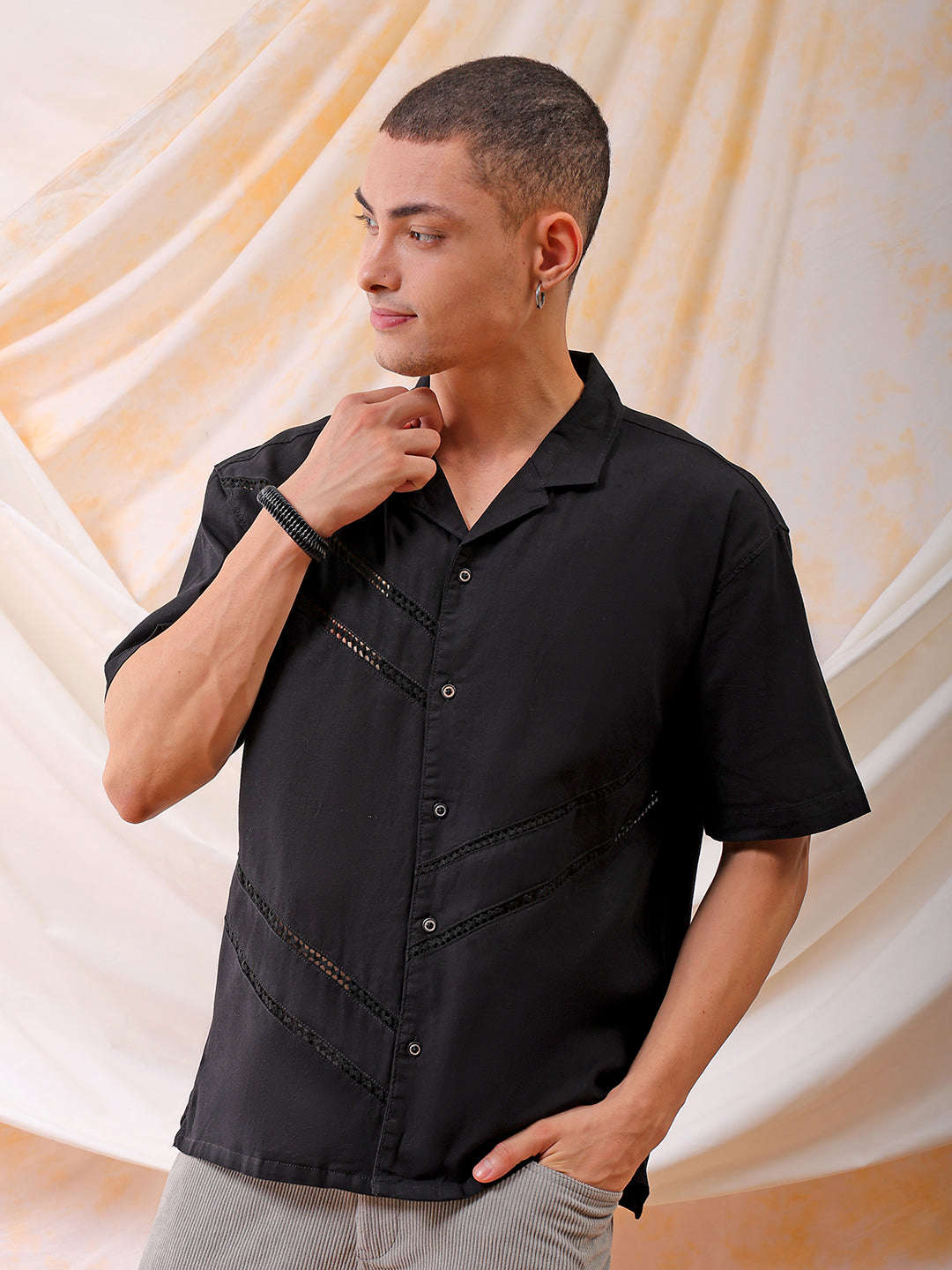 Mens Solid Embroidered Relaxed Fit Resort Wear Shirt