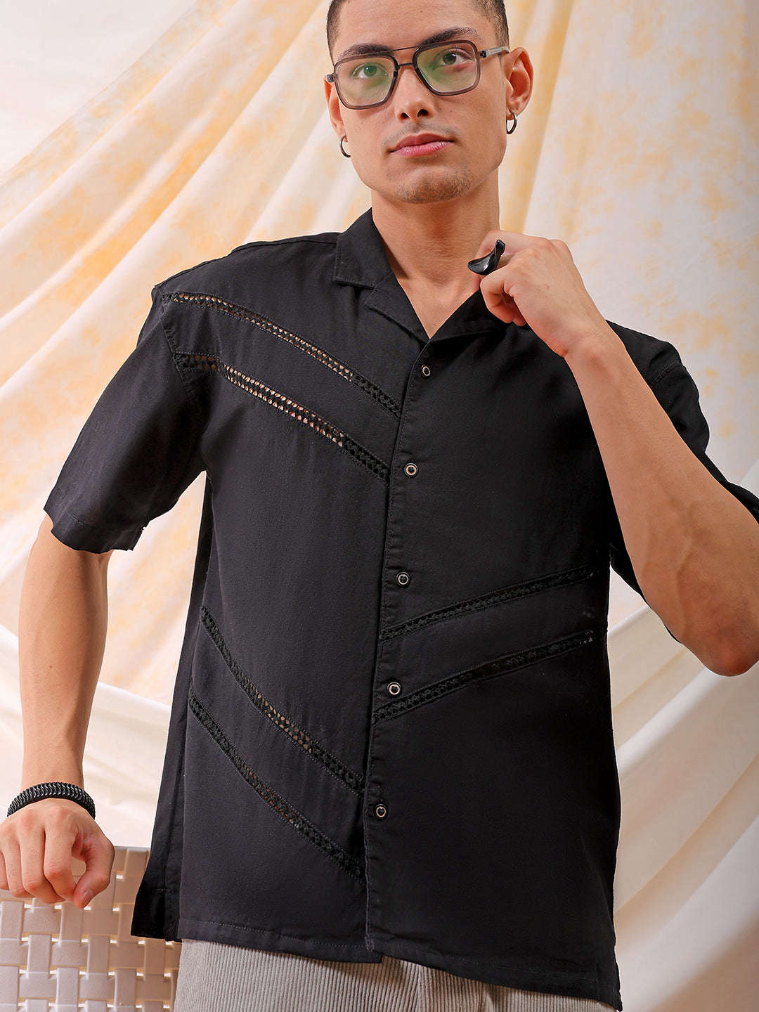 Mens Solid Embroidered Relaxed Fit Resort Wear Shirt