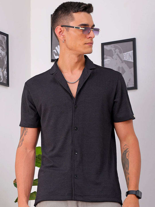 Men's Black Slim Fit Solid Resortwear Shirt