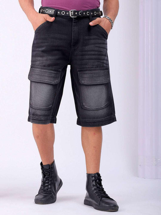 Men's Black Washed Relaxed Fit Utility Cargo Shorts