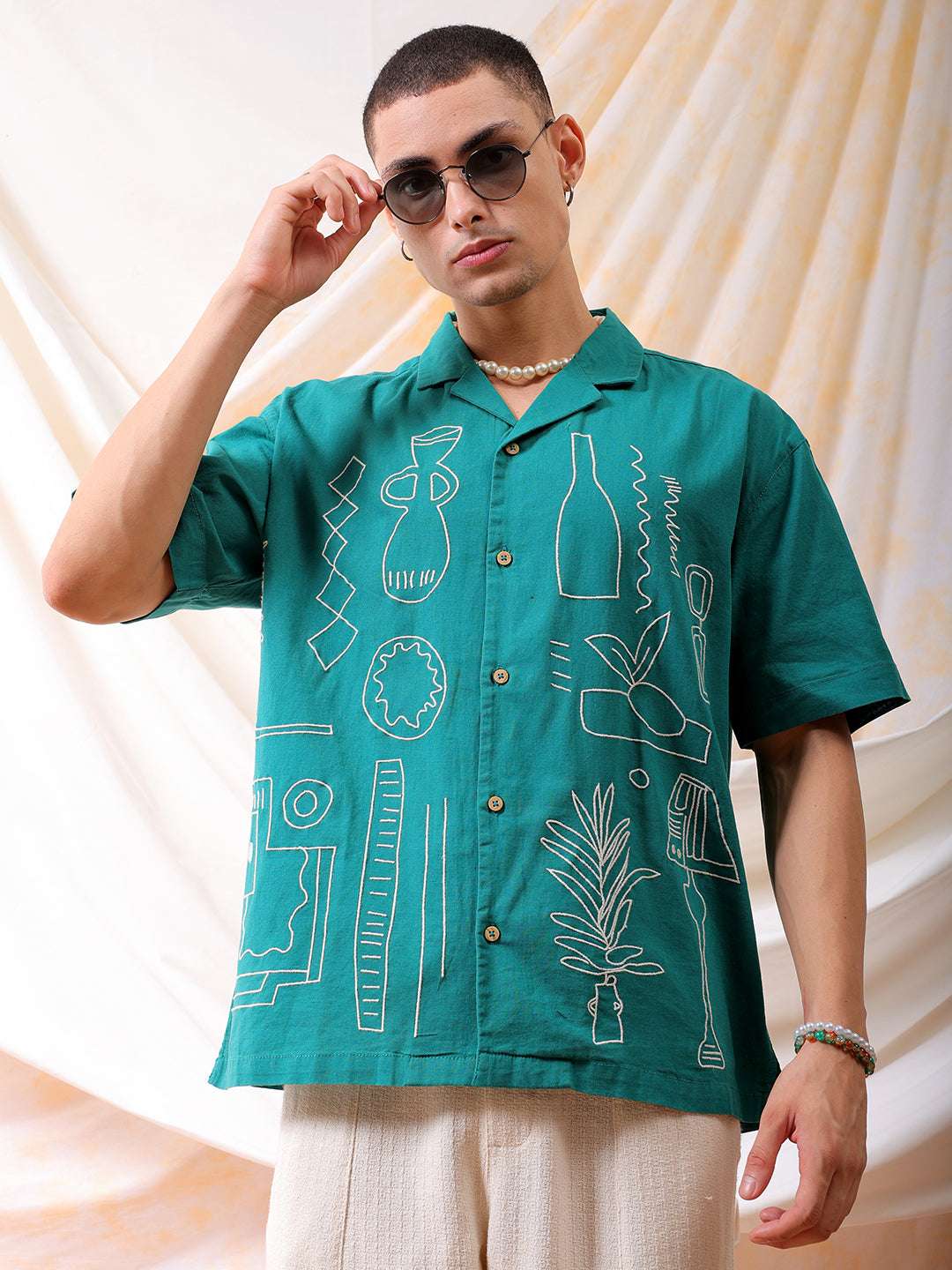 Mens Embroidered Relaxed Fit Resort Wear Shirt