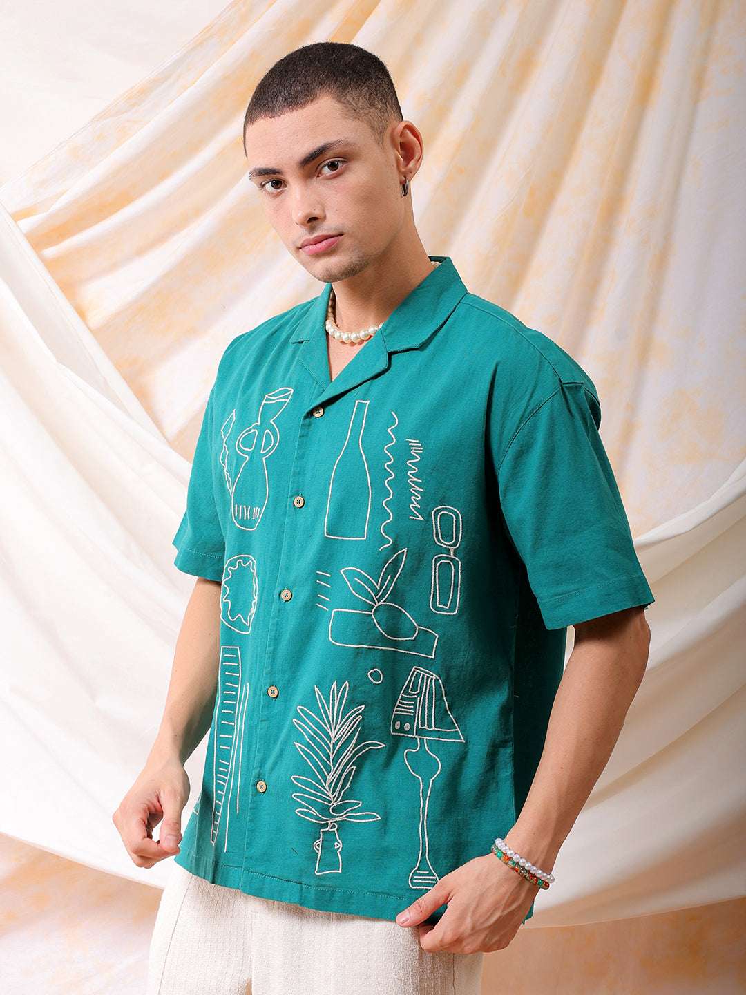 Mens Embroidered Relaxed Fit Resort Wear Shirt