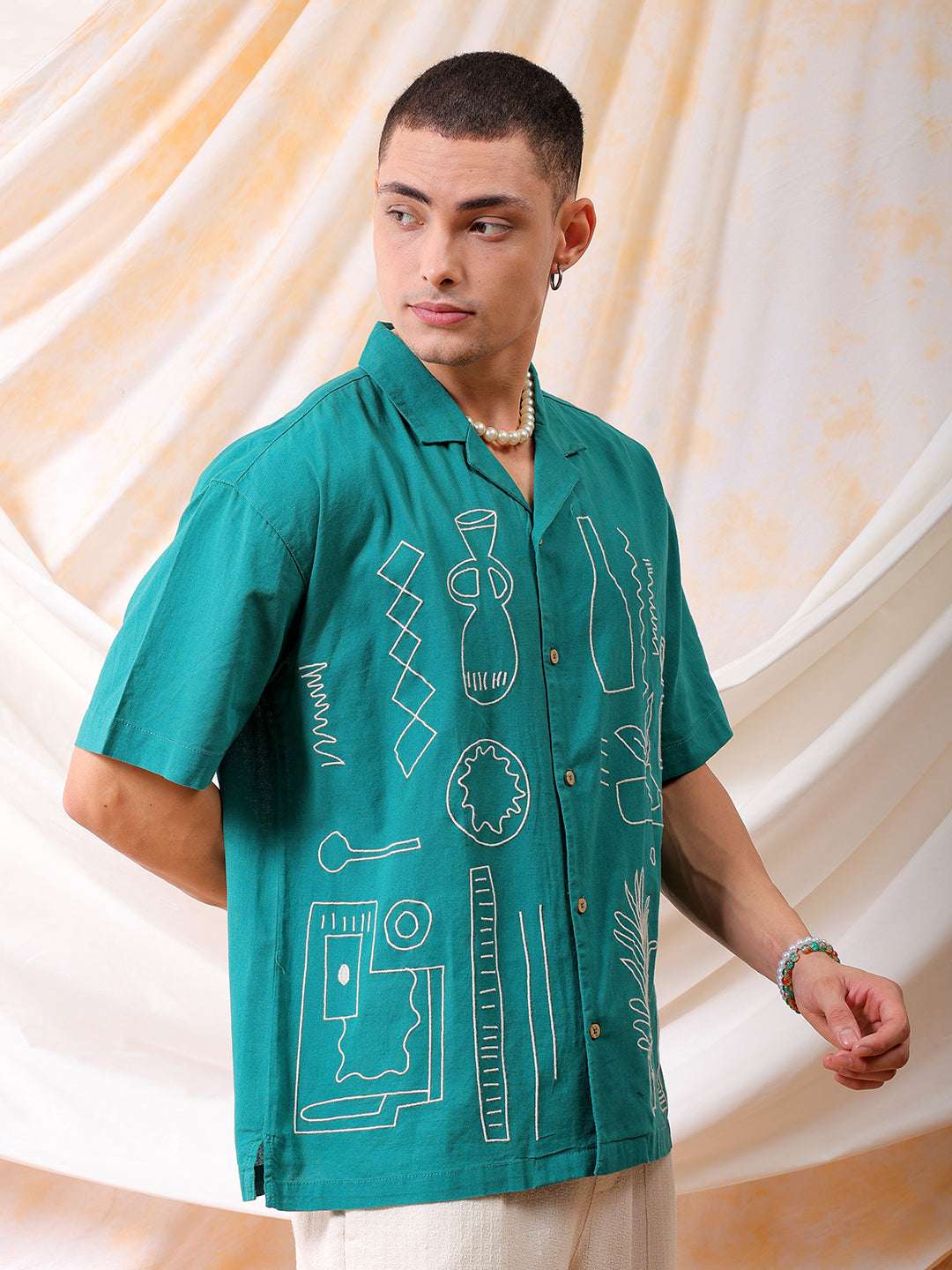 Mens Embroidered Relaxed Fit Resort Wear Shirt