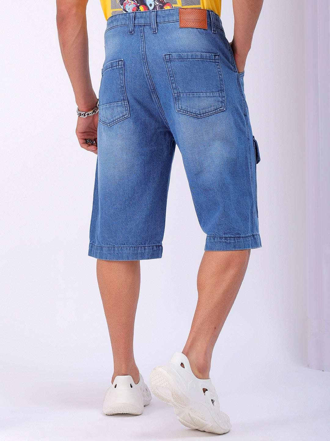 Men's Blue Washed Relaxed Fit Utility Cargo Shorts