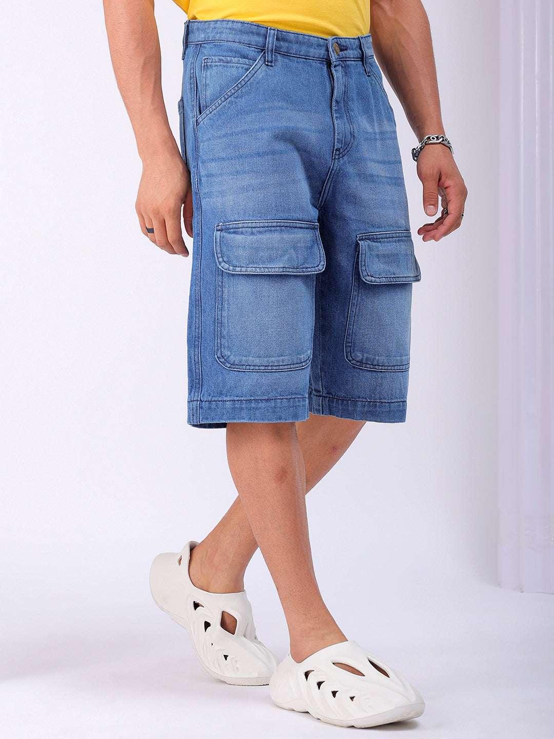 Men's Blue Washed Relaxed Fit Utility Cargo Shorts