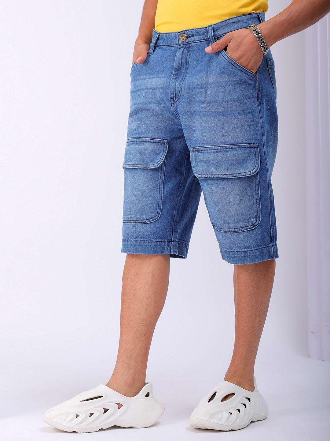 Men's Blue Washed Relaxed Fit Utility Cargo Shorts