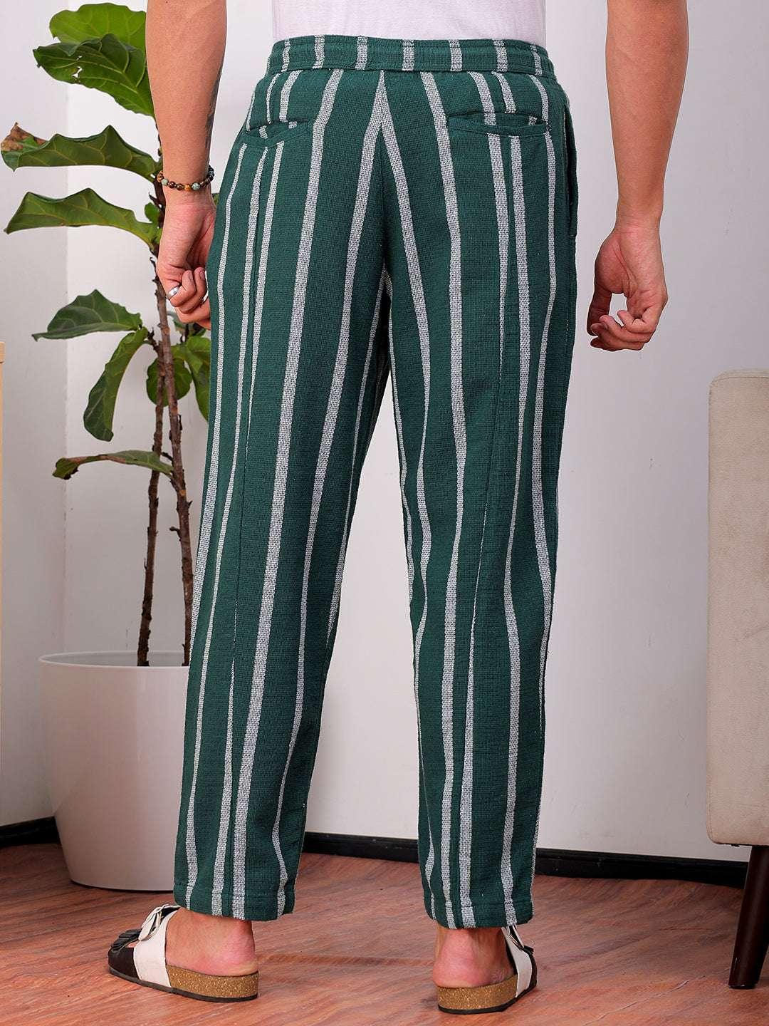 Men's Green Loose Fit Striped Cotton Joggers