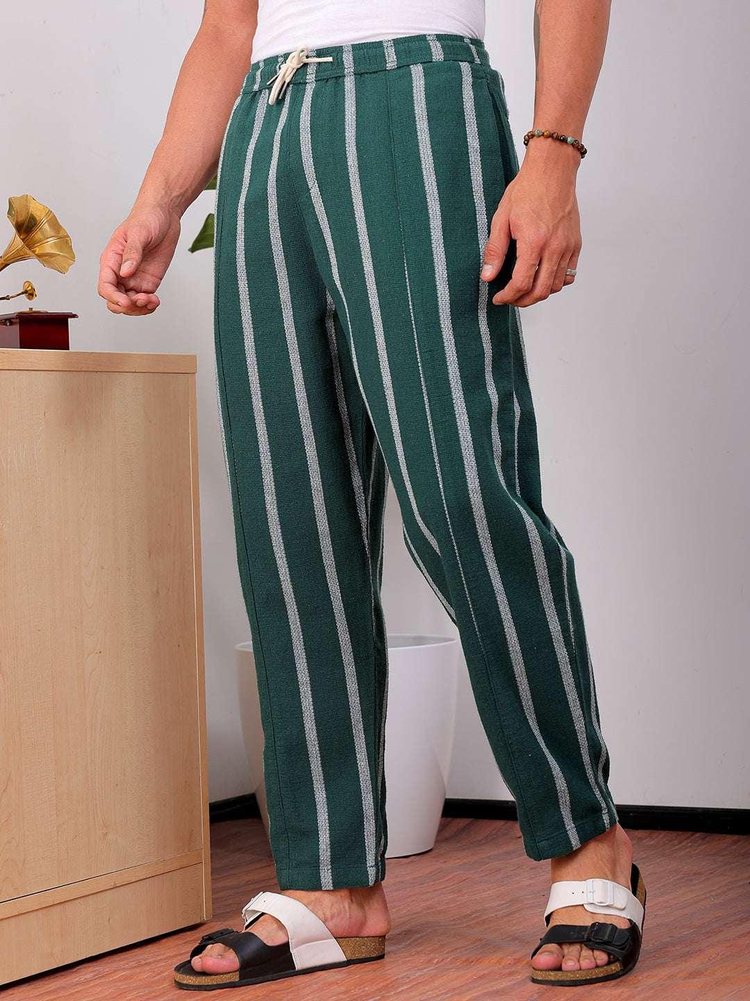 Men's Green Loose Fit Striped Cotton Joggers