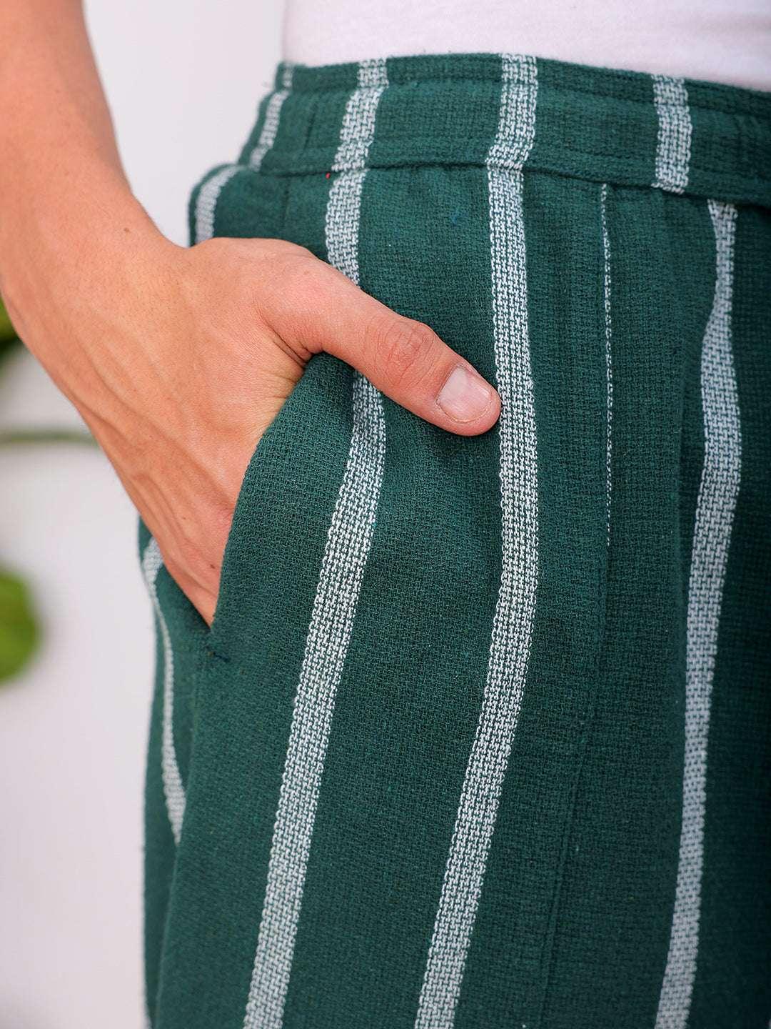 Men's Green Loose Fit Striped Cotton Joggers