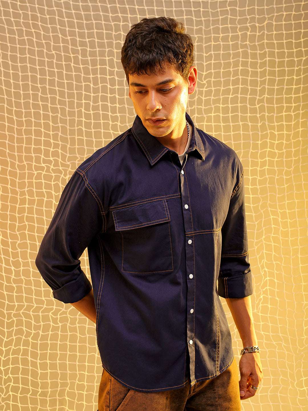 Mens Navy Regular Solid Sulphur Streetwear Shirt