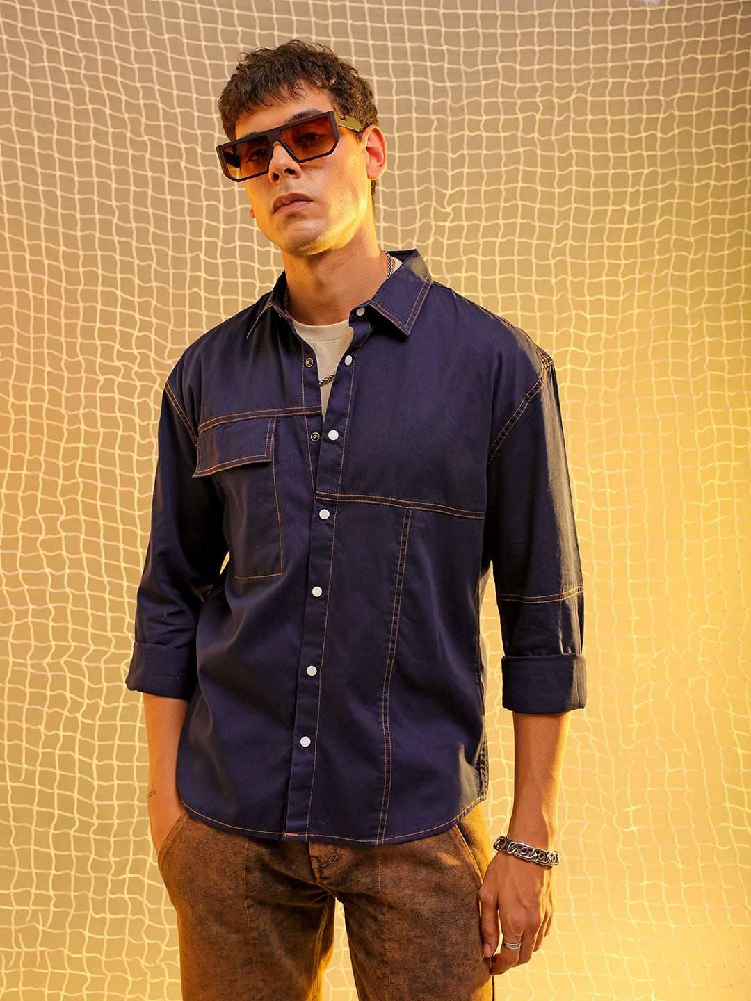 Mens Navy Regular Solid Sulphur Streetwear Shirt