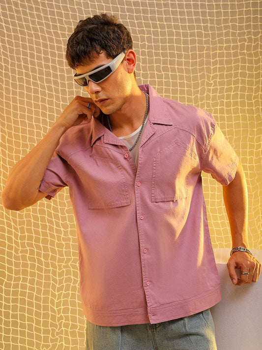 Men's Pink Boxy Solid Sulphur Streetwear Shirt