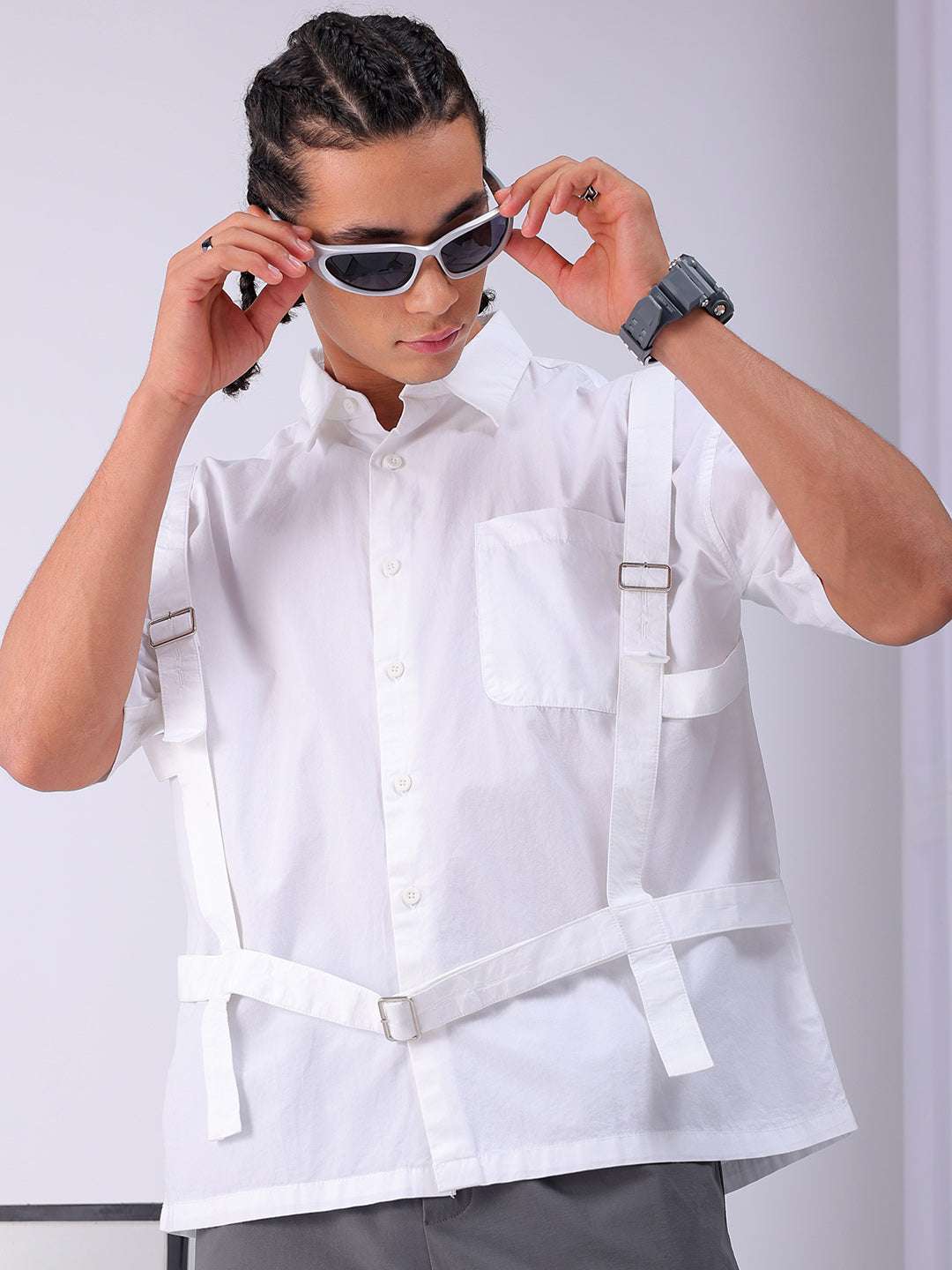 Men's White Boxy Fit Solid Streetwear Utility Shirt