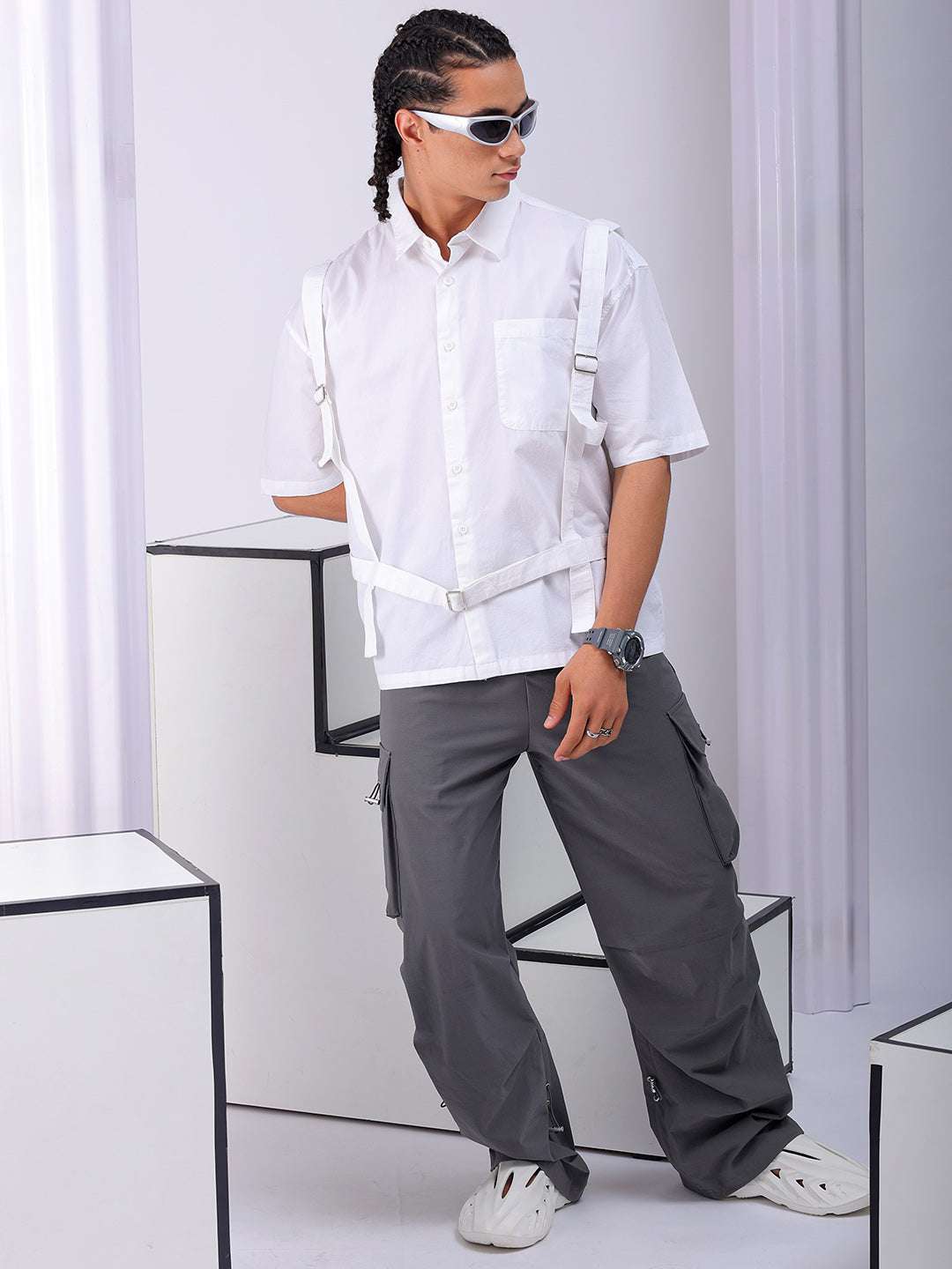 Men's White Boxy Fit Solid Streetwear Utility Shirt