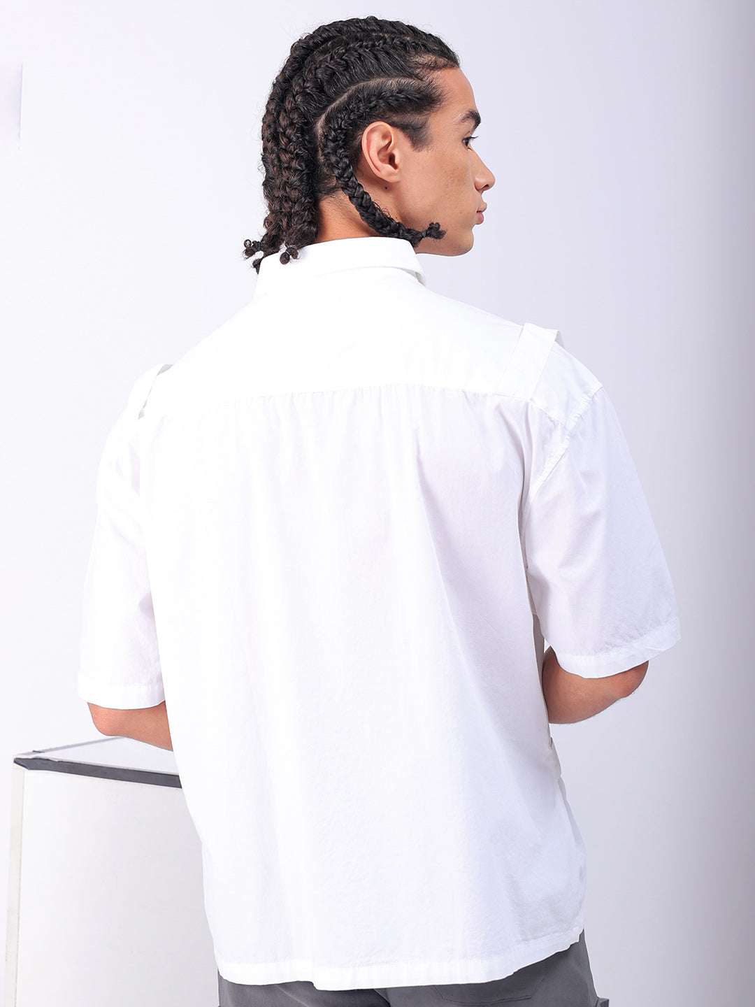 Men's White Boxy Fit Solid Streetwear Utility Shirt