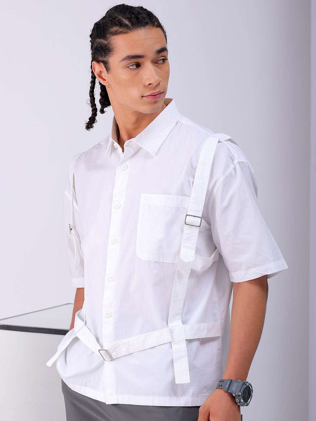 Men's White Boxy Fit Solid Streetwear Utility Shirt