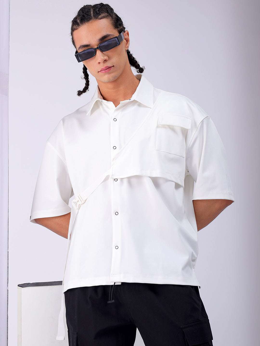 Men's White Boxy Fit Solid Streetwear Utility Shirt