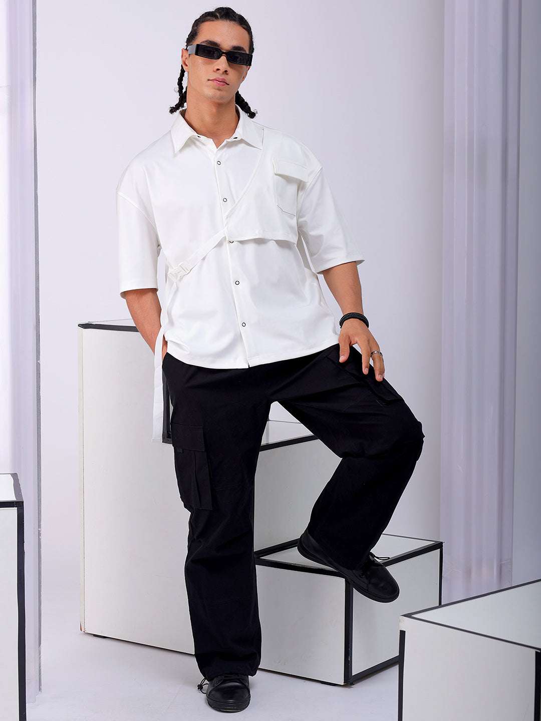 Men's White Boxy Fit Solid Streetwear Utility Shirt