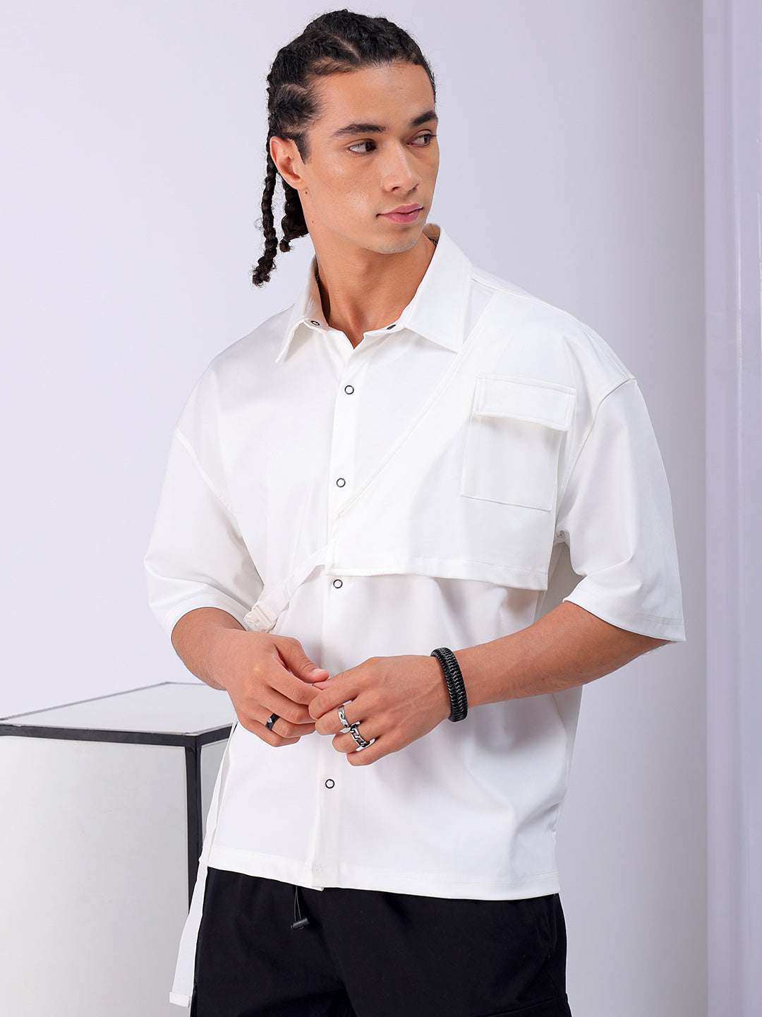 Men's White Boxy Fit Solid Streetwear Utility Shirt